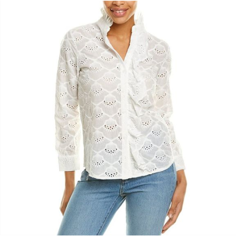 Avantlook Womens Button Hollow Out Top‎ White Eyelet Ruffle